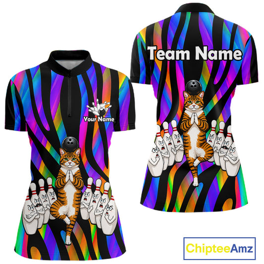 Rainbow Holographic Bowling Polo 1/4-Zip Shirts For Women Custom Funny Cat Bowling Pins Team Shirt NYN3930