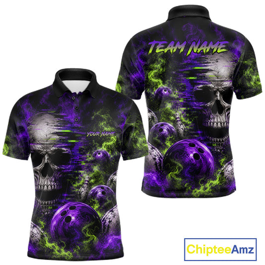 Custom Green & Purple Smoke Skull Bowling Shirts For Men Retro Skull Bowling Tournament Shirt NYN3945