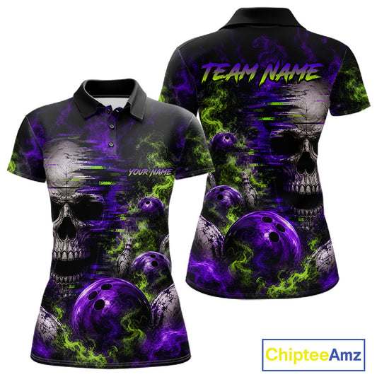 Custom Green & Purple Smoke Skull Bowling Shirts For Women Retro Skull Bowling Tournament Shirt NYN3945