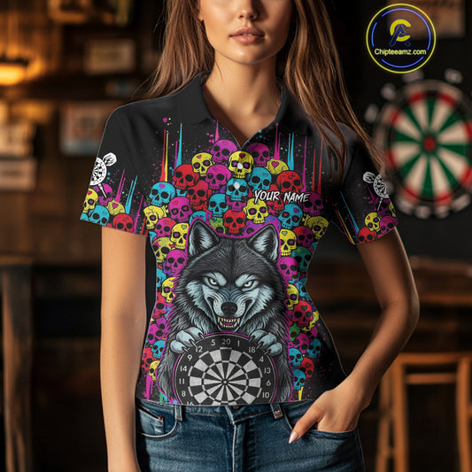 Multi-Color Skull Funny Wolf Dartboard Custom Darts Polo Shirt For Women Dart Team Gifts NYN2000