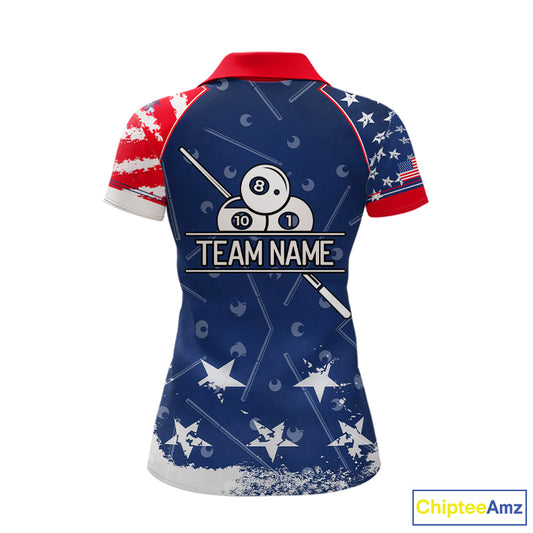 Blue Red Grunge US Flag 8 Ball Pool Women Billiard Ball Cue Shirt Custom Patriotic Billiard Team Attire NYN2734