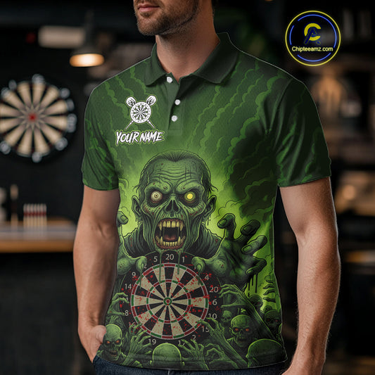 Custom Green Multi Zombie Grunge Dartboard Darts Polo Shirt For Men Skull Dart Jerseys NYN1835