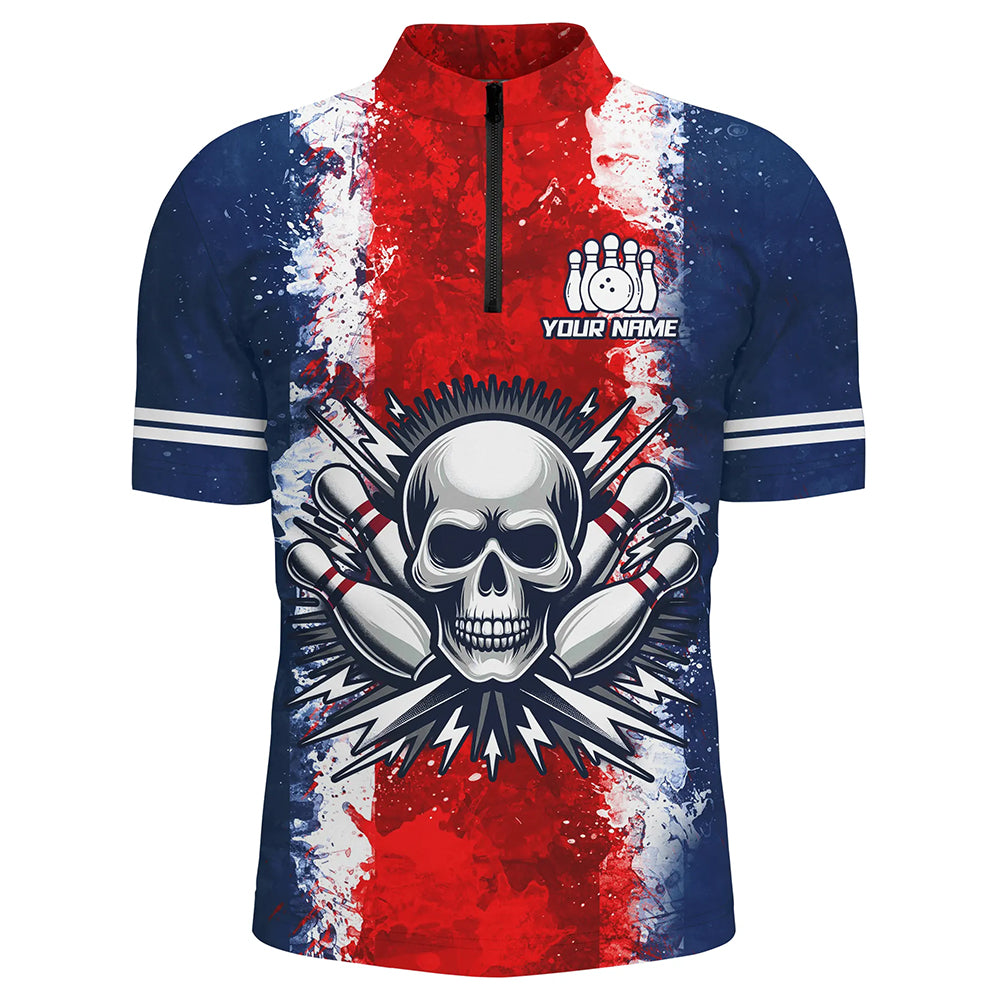 Personalized Bowling Shirt for Men Skull Bowling Jersey US Flag Bowling 1/4 Zip Shirt Unisex QZT269
