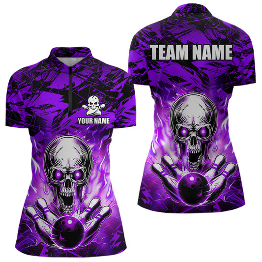 Personalized Purple Flame Skull Bowling Jersey Camo Quarter-Zip Bowling Team Shirt QZT670