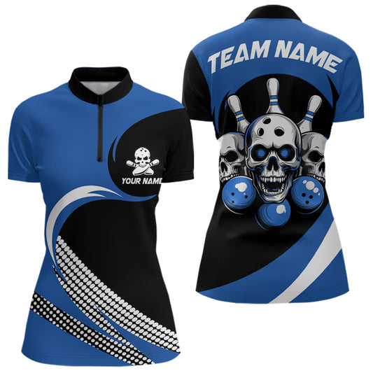Custom Blue Skull Bowling Shirt Quarter-Zip Bowling Jersey for Men Women Bowling Outfit QZT671