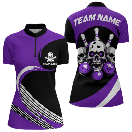 Custom Purple Skull Bowling Shirt Quarter-Zip Bowling Jersey for Men Women Bowling Outfit QZT671