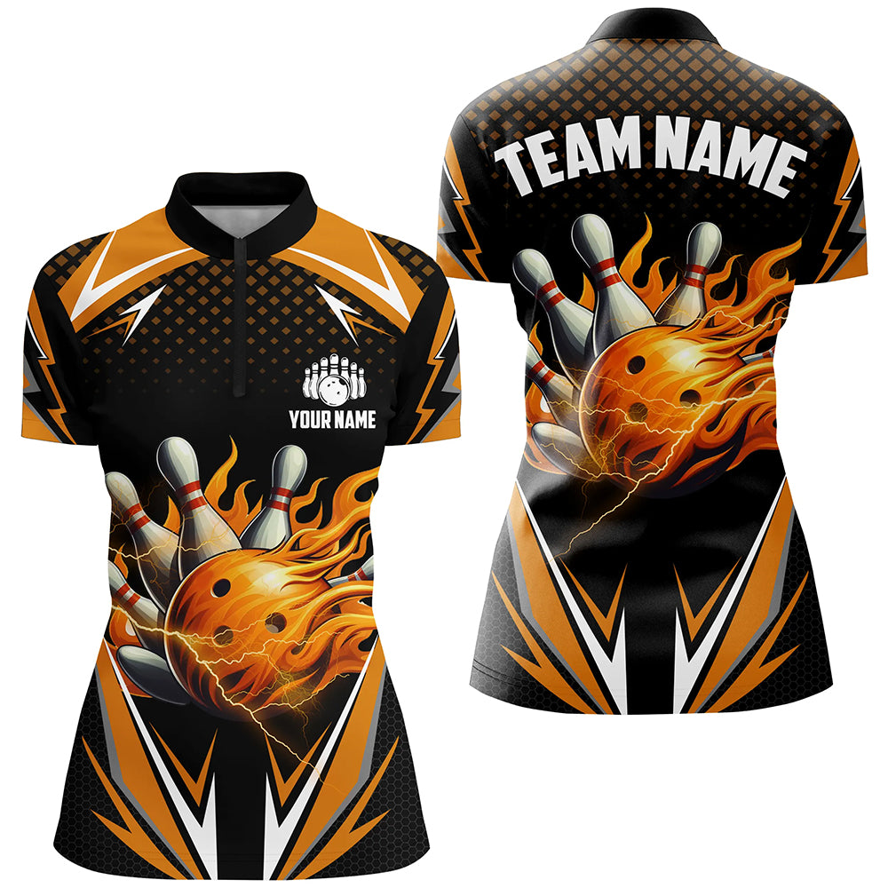 Personalized Flame Bowling Shirts for Women Orange 1/4 Zip Bowling Jersey QZT443