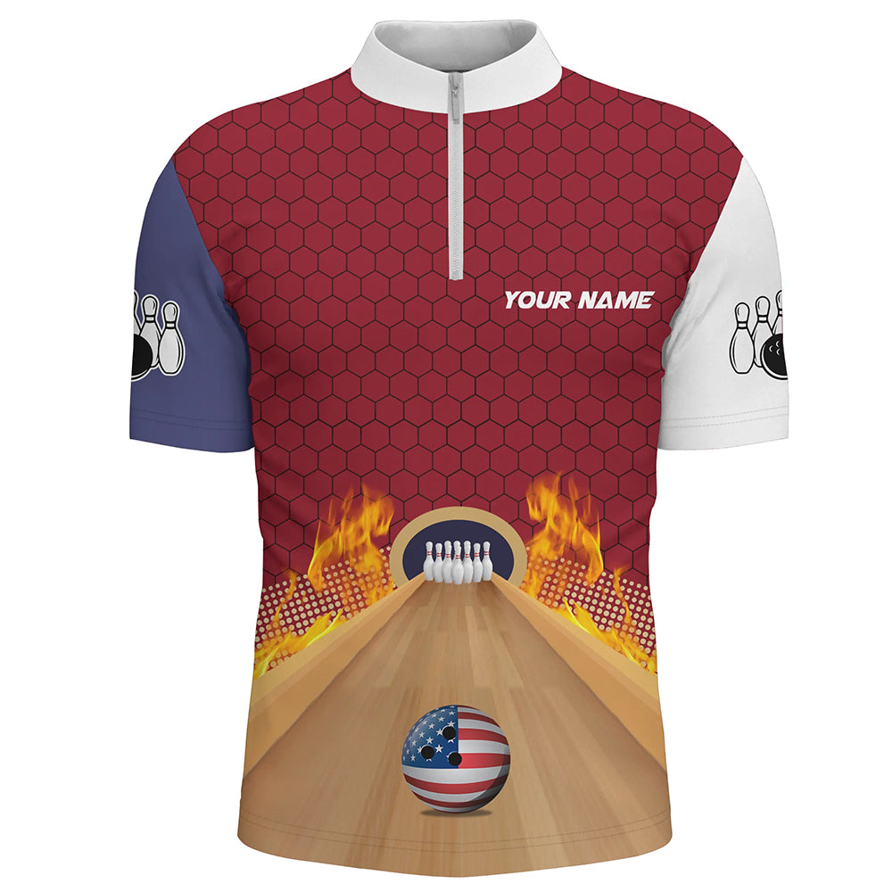 Personalized Bowling Shirt with Name Quarter-Zip Bowling Jersey for Men Flame Bowling Shirt Unisex QZT286