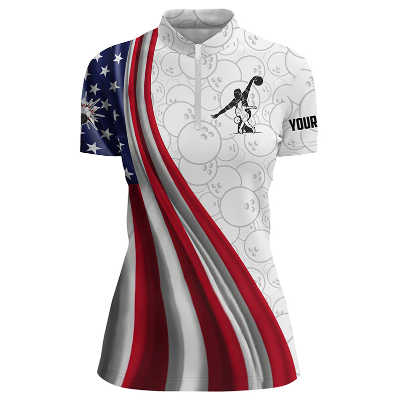 American Flag Bowling Shirt Bowling Team League Quarter Zip Bowling Shirt for Women QZT257