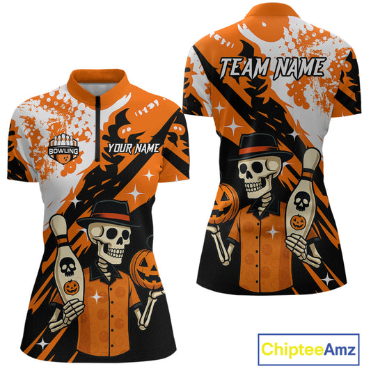 Orange Funny Skull Bowling Shirt for Women Personalized Polo & 1/4-Zip Bowling Jersey Halloween QZT768