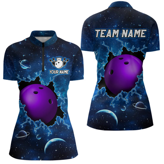 Custom 3D Bowling Quarter-Zip Shirt Purple & Blue Bowling Team Jersey Unisex Bowling Outfit QZT584