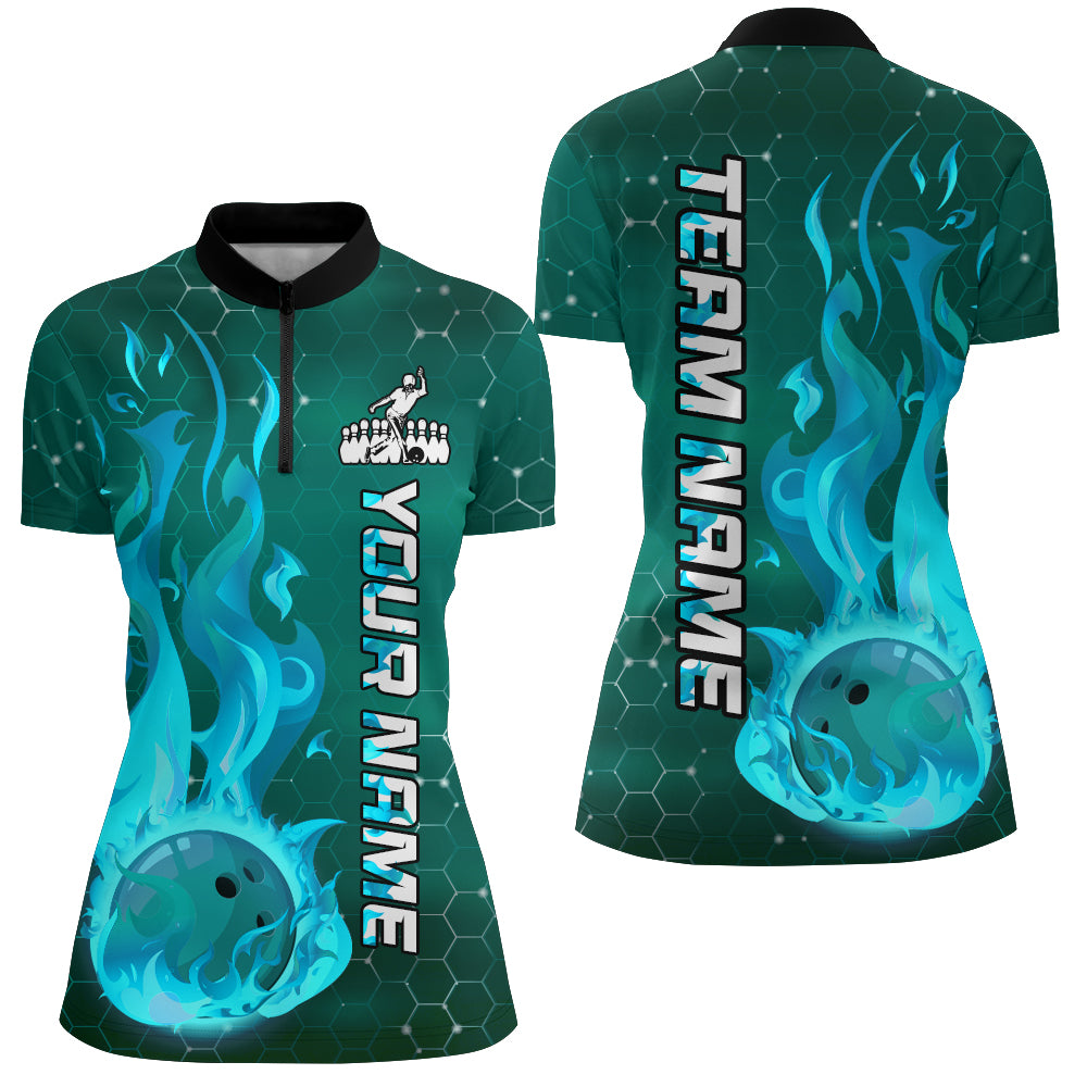 Custom Flame Bowling Shirts Bowling Jersey for Women 1/4 Zip Bowling Uniform QZT447