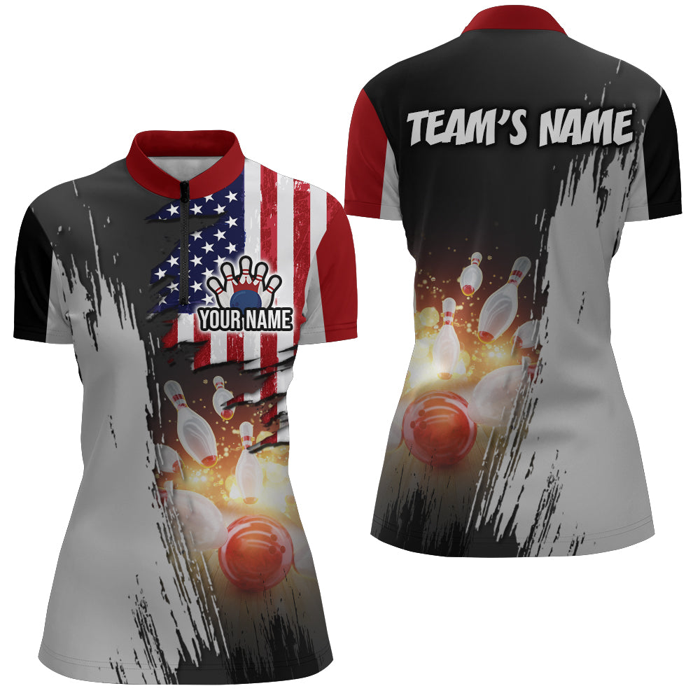 Personalized 3D Women's Bowling Team Jersey Bowling Shirt American Bowling Quarter-Zip Shirt QZT43
