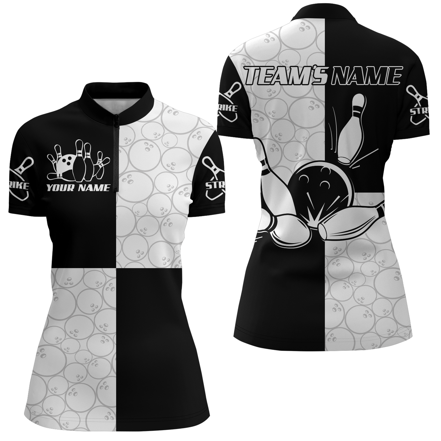Black & White Bowling Shirt for Women Custom Bowling Team League 1/4 Zip Shirt QZT101