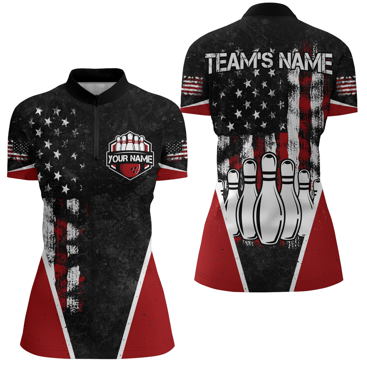 American Bowling Quarter-Zip Shirt for Women Custom Bowling Team Jersey Bowling Shirt QZT37
