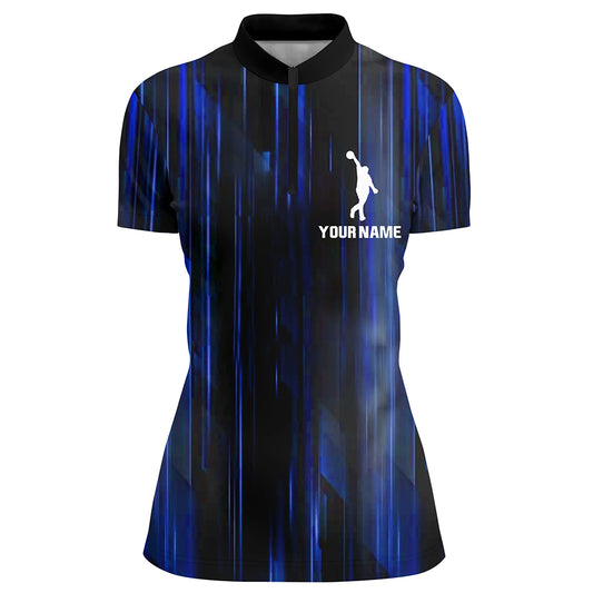 Custom Bowling Shirt Women Blue 3D Bowling Jersey Team League Personalized Bowling 1/4 Zip Shirt BDT308