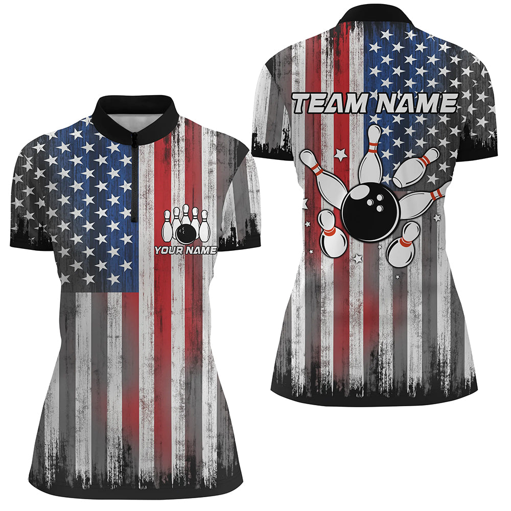 Custom American Flag Bowling Jersey Team Bowling Quarter-Zip Shirts Men & Women BDT499