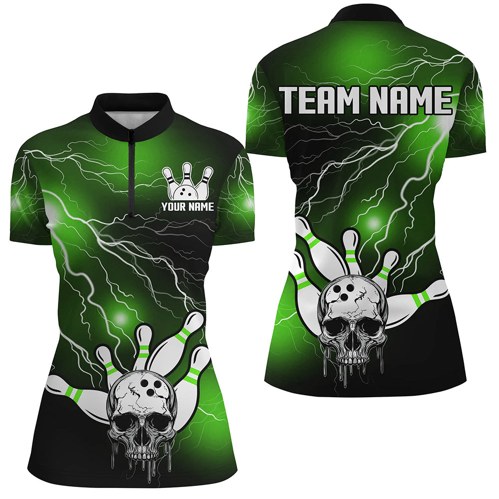 Skull Bowling 1/4 Zip Shirt For Men & Women Light Thunder Green Bowling Team Jersey Halloween BDT541