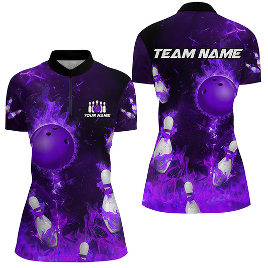 Purple Flame Bowling Shirts Men & Women Custom Bowling Team Jersey 1/4 Zip Bowling Uniform BDT529