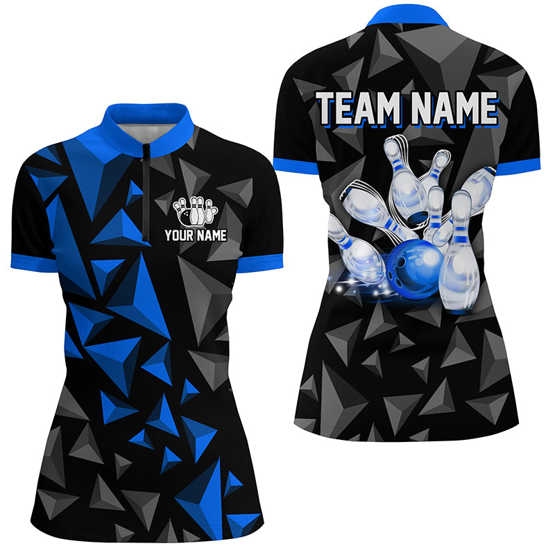 Custom 1/4 Zip Shirts For Men And Women Blue Bowling Team League Jersey Bowler BDT500