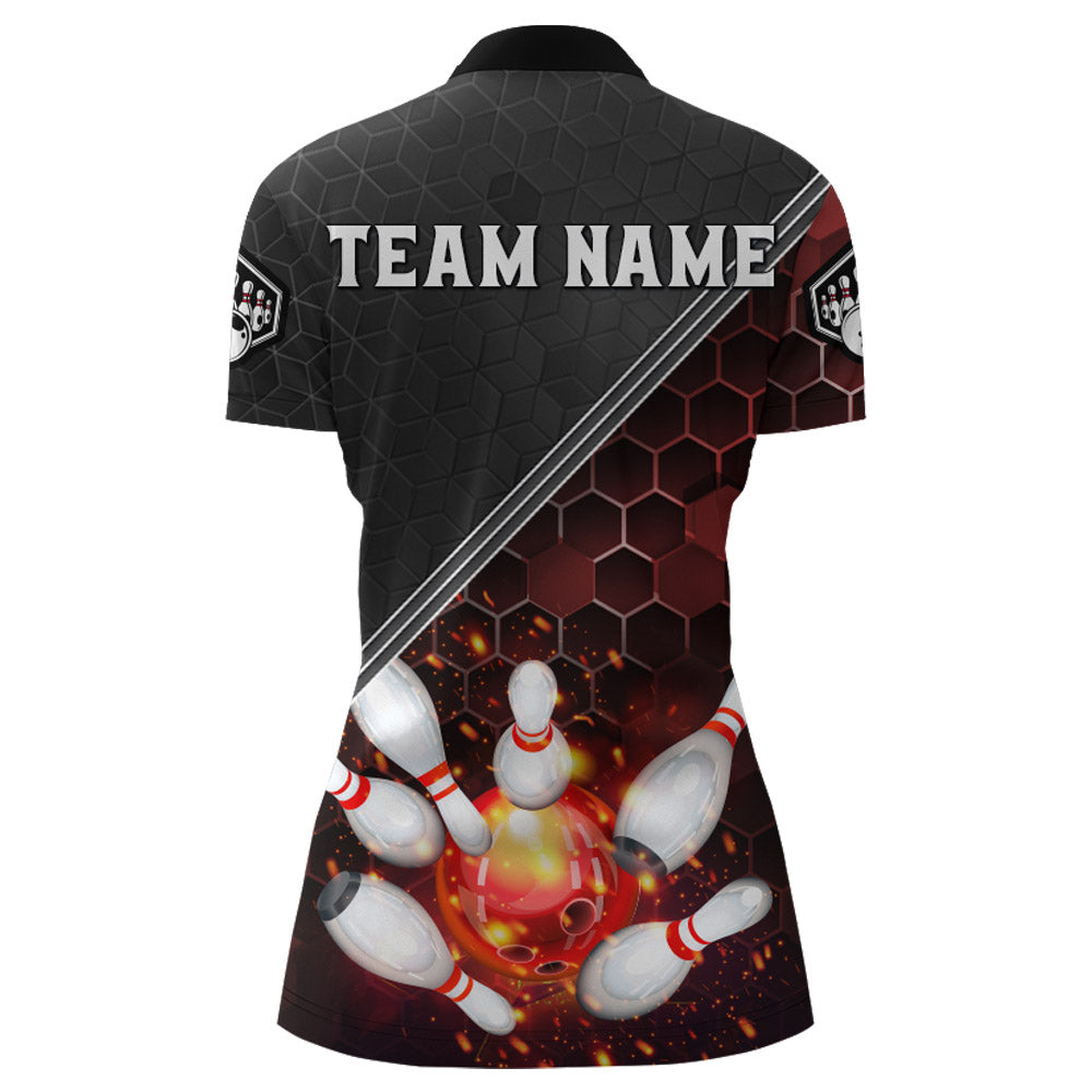 Red&Black Bowling Jersey Flame Bowling Quarter-Zip Shirt For Women Custom Bowling Team Shirt BDT299