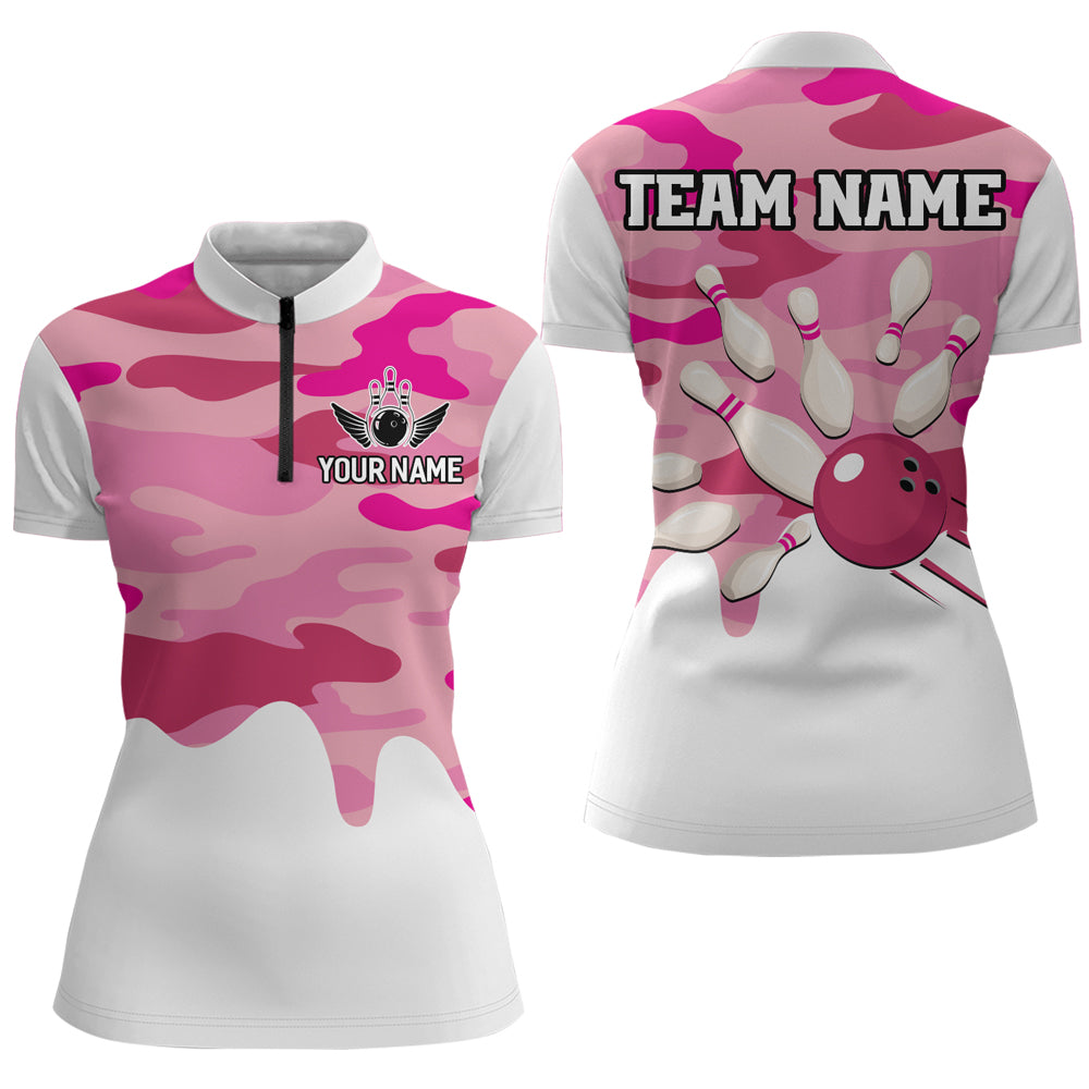 Pink Camo Bowling Jersey Men Women Bowling Team Jersey Custom Bowling 1/4 Zip Shirts Unisex BDT593