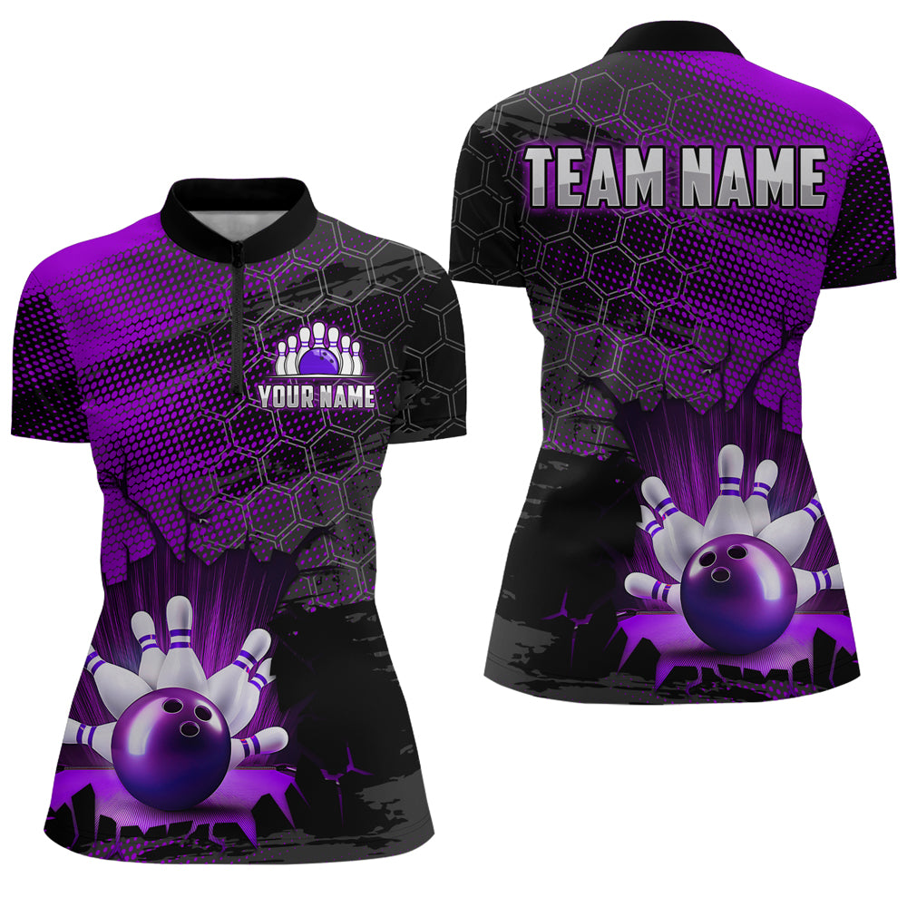 Custom Purple Bowling Shirts For Men & Women Bowling Team League Jersey Unisex Quarter-Zip BDT533