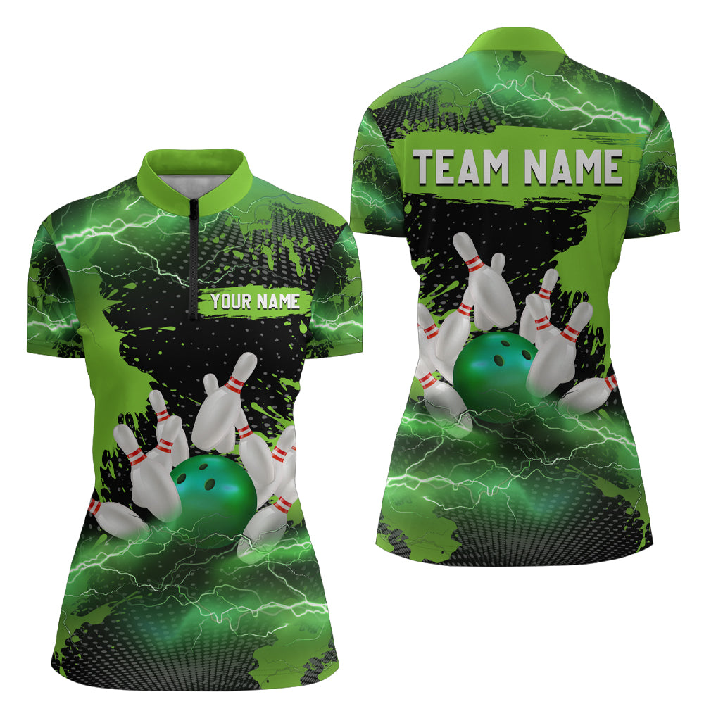 Custom Green Bowling Quarter-Zip Shirts Men & Women Lightning Thunder Bowling Team Jerseys BDT455