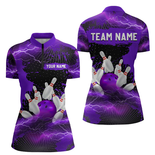 Custom Purple Bowling Quarter-Zip Shirts Men & Women Lightning Thunder Bowling Team Jerseys BDT455