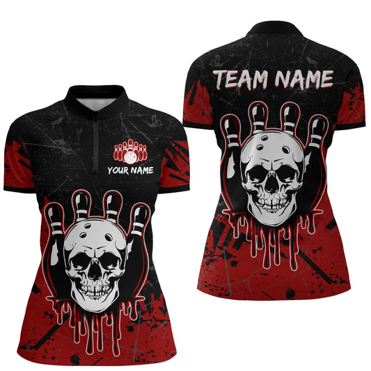 Red Skull Bowling Jersey for Men & Women Custom 1/4 Zip Bowling Shirt Team Halloween Shirt BDT552