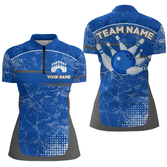 Custom Blue Bowling Shirt For Men & Women Camo Bowling Team Jersey 1/4 Zip Bowling Shirts BDT582