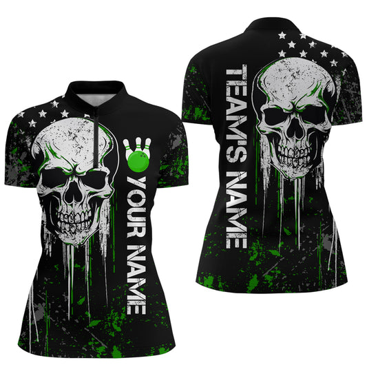 Green Skull Bowling Shirts Men & Women Custom Halloween Bowling Jersey Team 1/4 Zip BDT554