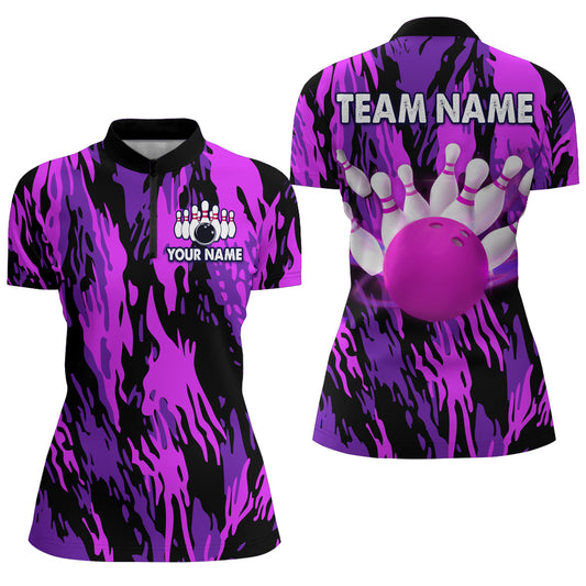 Purple Camo Bowling Shirt Unisex Bowling Team Jersey For Men & Women Custom Bowling 1/4 Zip BDT558