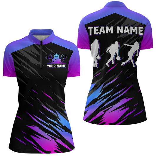 Teal&Purple Bowling Shirts Men & Women Custom Bowling Jersey Team Bowling Quarter-Zip BDT525