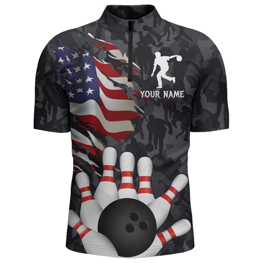 Camo Bowling Shirt Men Custom American Bowling Jersey Team League Bowling Quarter-Zip Shirt BDT325
