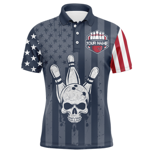 American Flag Bowling Shirt Men Skull Bowling Jersey Team Custom Bowling Polo Shirt BDT379