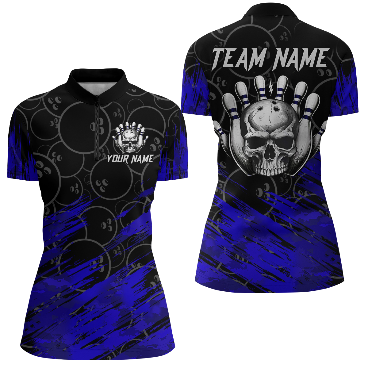 Blue Skull Bowling Shirt for Men & Women Custom Funny 1/4 Zip Bowling Team Jersey BDT470