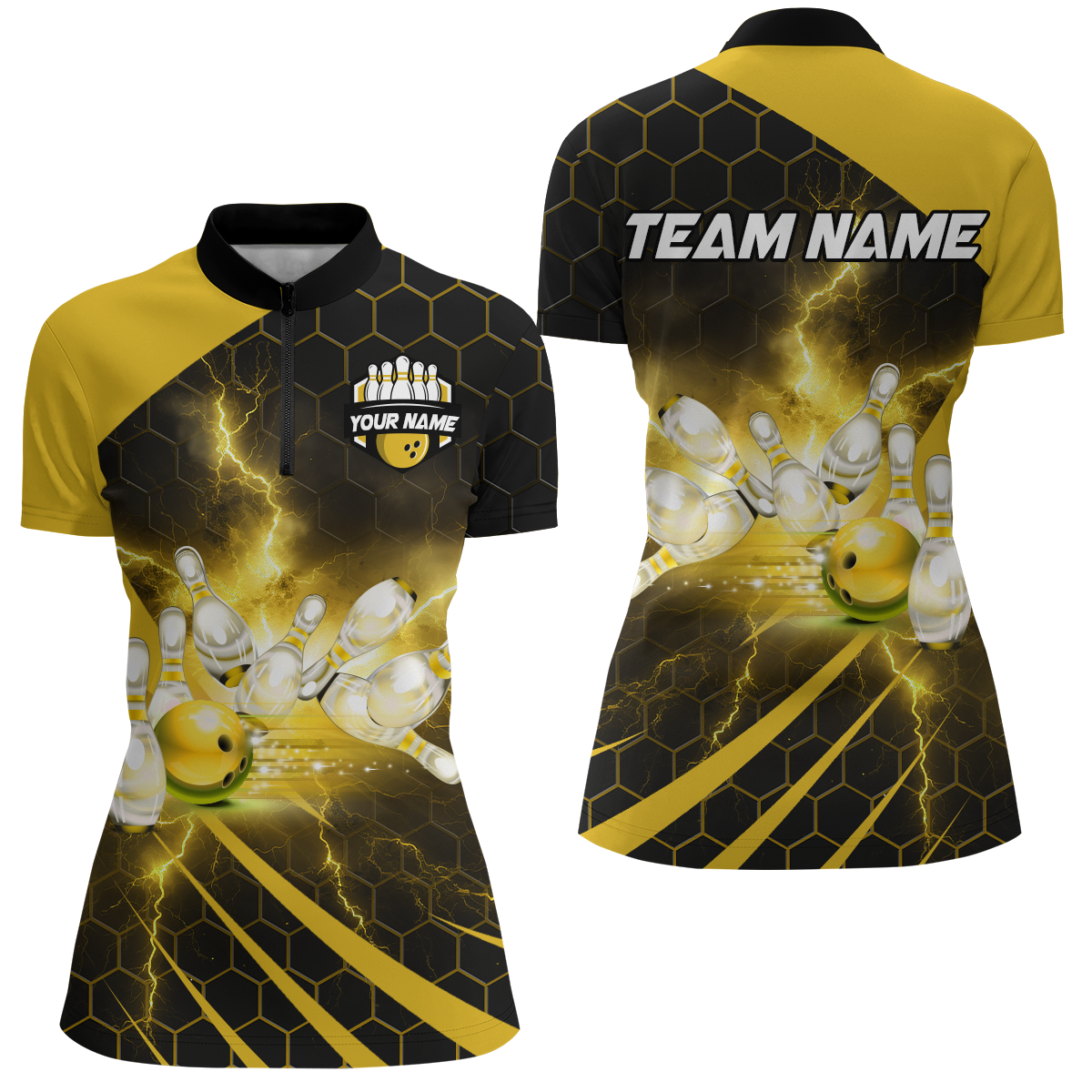 Custom Bowling Jersey For Couples Yellow Bowling 1/4 Zip Shirts For Men And Women BDT491