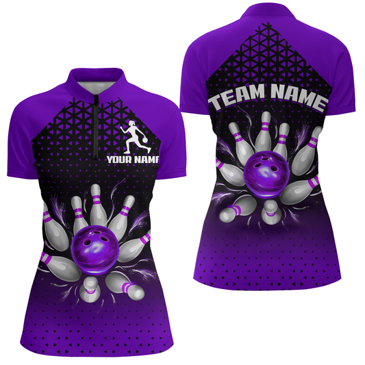 Custom Quarter Zip Bowling Shirts for Men And Women Purple Bowling Team Jerseys Unisex BDT476