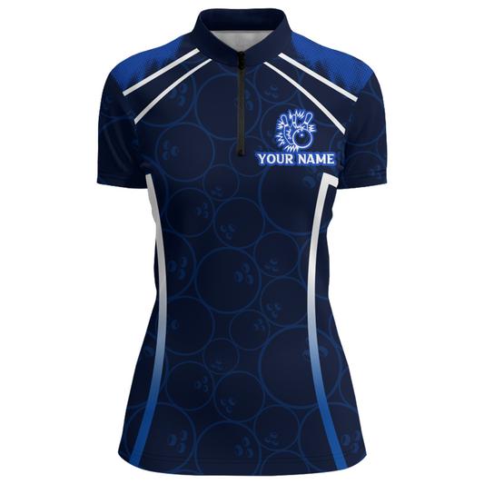 Custom Bowling Quarter-Zip Shirt For Women Navy Bowling Team Jersey Couple Bowling Shirt BDT342
