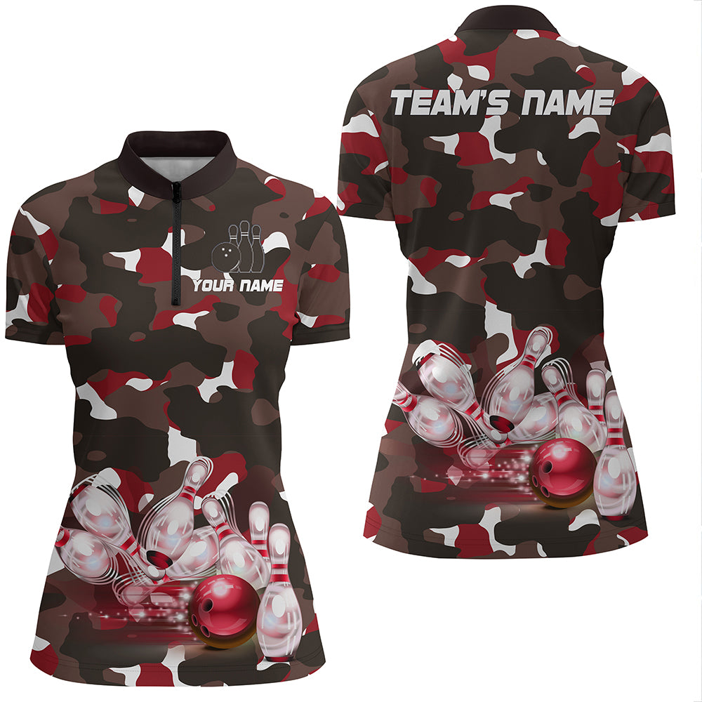 Red Camo Bowling Shirts For Women Custom Bowling Quarter-Zip Shirt Team Bowling Jerseys BDT247