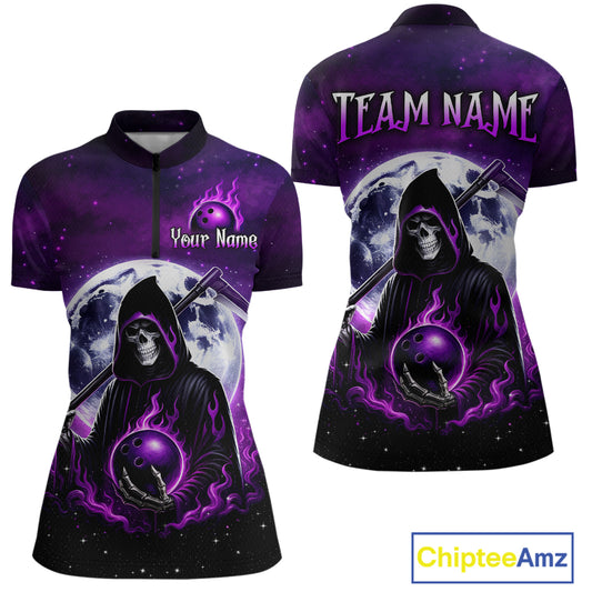 Custom Purple Skeleton Bowling Jersey for Women Bowling Uniform Polo & 1/4 Zip Bowling Team Shirts HNT109