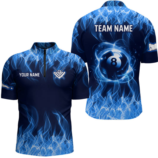 Blue Flaming 8 Ball Pool Shirts Men Billiard Polo & 1/4 Zip Shirts Billiard Team Jerseys NNT10
