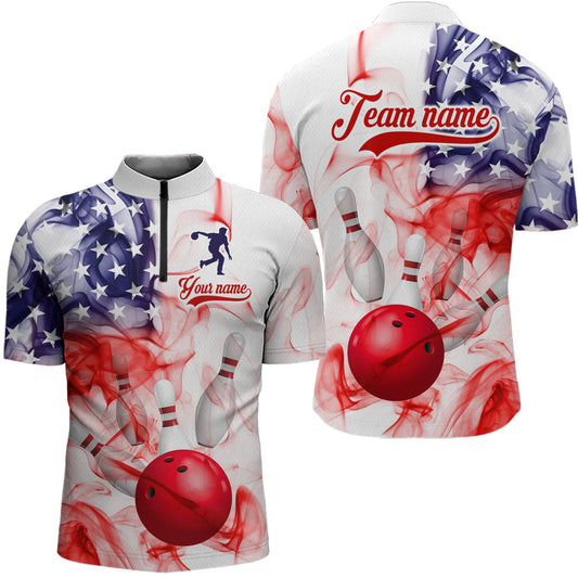 American Flag Smoke Bowling Shirt for Men Custom Polo & Quarter-Zip Team Bowling Jersey with Team HNT21