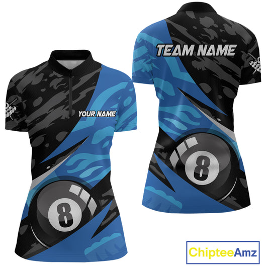 Blue Camo 8 Ball Billiard Shirts for Women Billiard Team Shirts Billiard Uniform Polo & 1/4 Zip NNT77