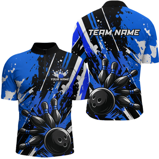 Custom Blue Bowling Jersey for Men Bowling Uniform Polo & 1/4 Zip Bowling Team Shirts HNT105