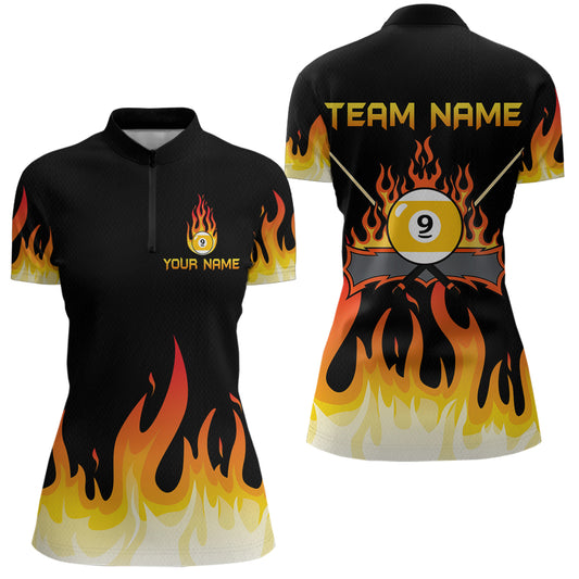 Custom 9 Ball Orange Flaming Billiard Shirts for Women Billiard Team Shirts Billiard League NNT73