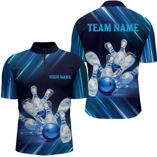 Custom Blue Bowling Jersey for Men Bowling Team Shirts Bowling Uniform Polo & 1/4 Zip HNT162