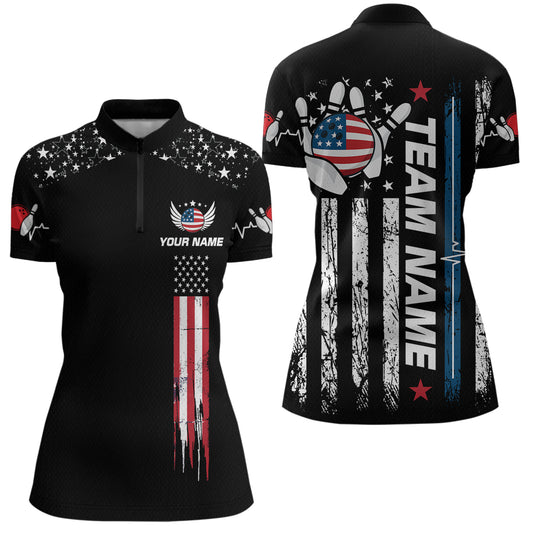 American Flag Bowling Custom Women Bowling Shirt Polo & Quarter-Zip Bowling Team Jerseys HNT54