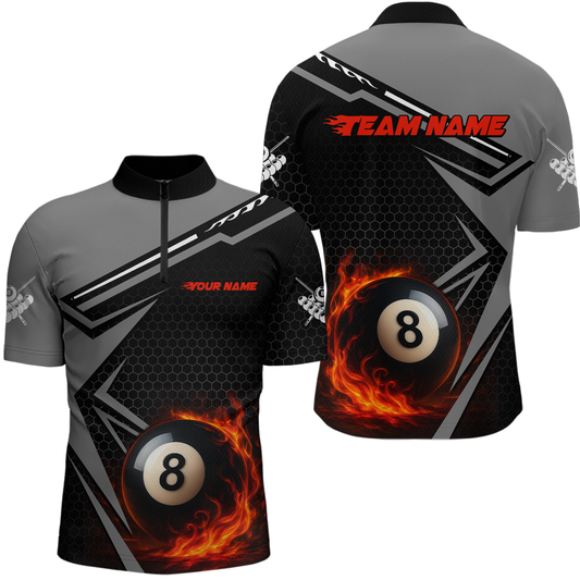 Personalized Grey 8 Ball Flame Billiard Shirts for Men, Billiard Team Polo & 1/4 Zip Shirts NNT65